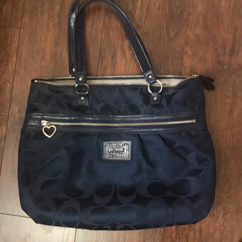 Large Navy Coach Signature Canvas Shoulder Bag